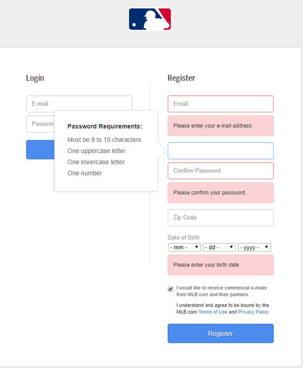 Major League Baseball dumb password rule screenshot